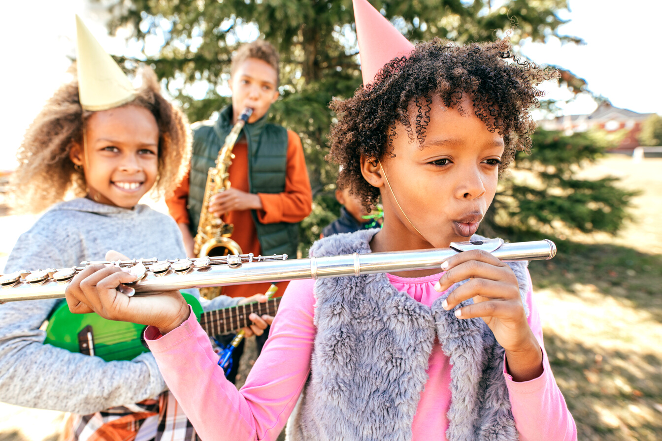 Birthday party with musical instruments on music school event