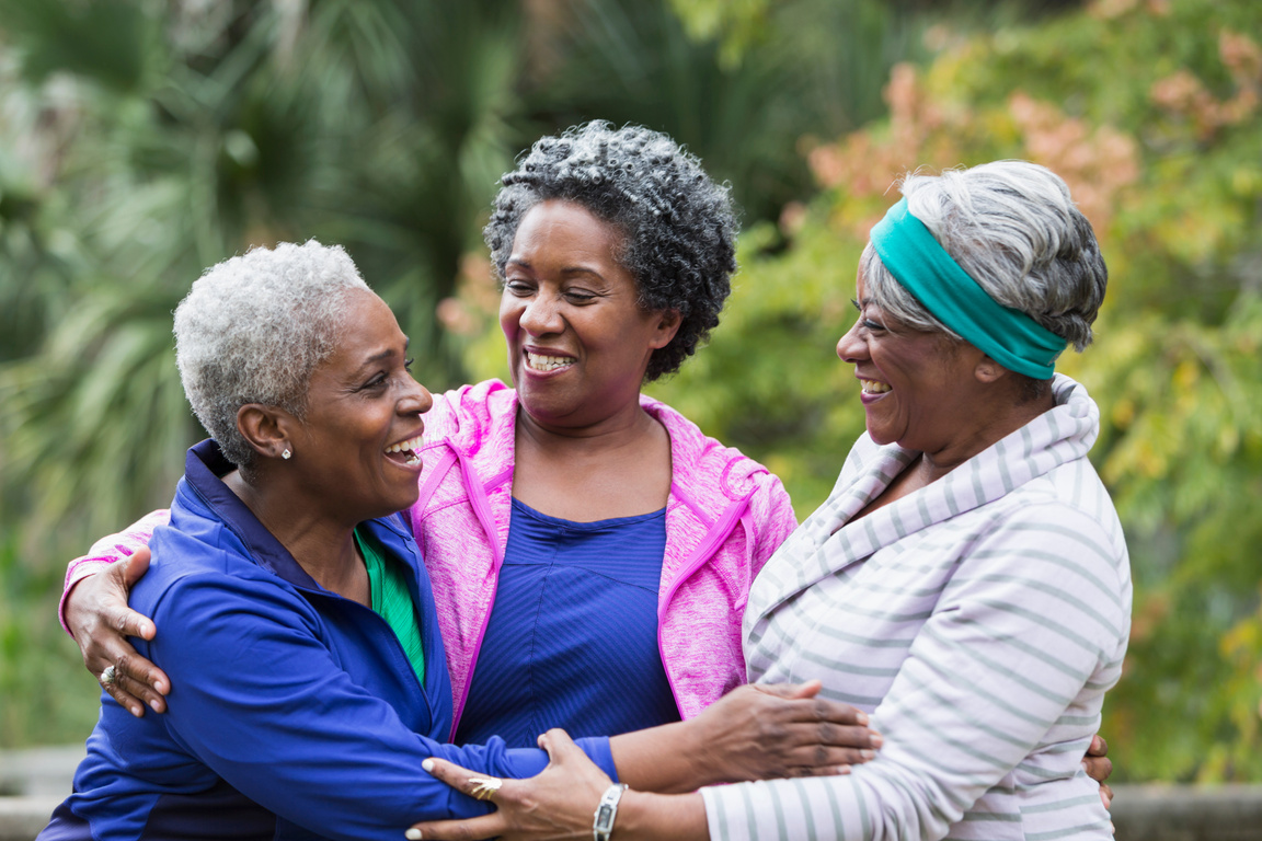 Three African American senior women talking